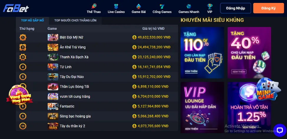Thưởng nạp tiền VIP